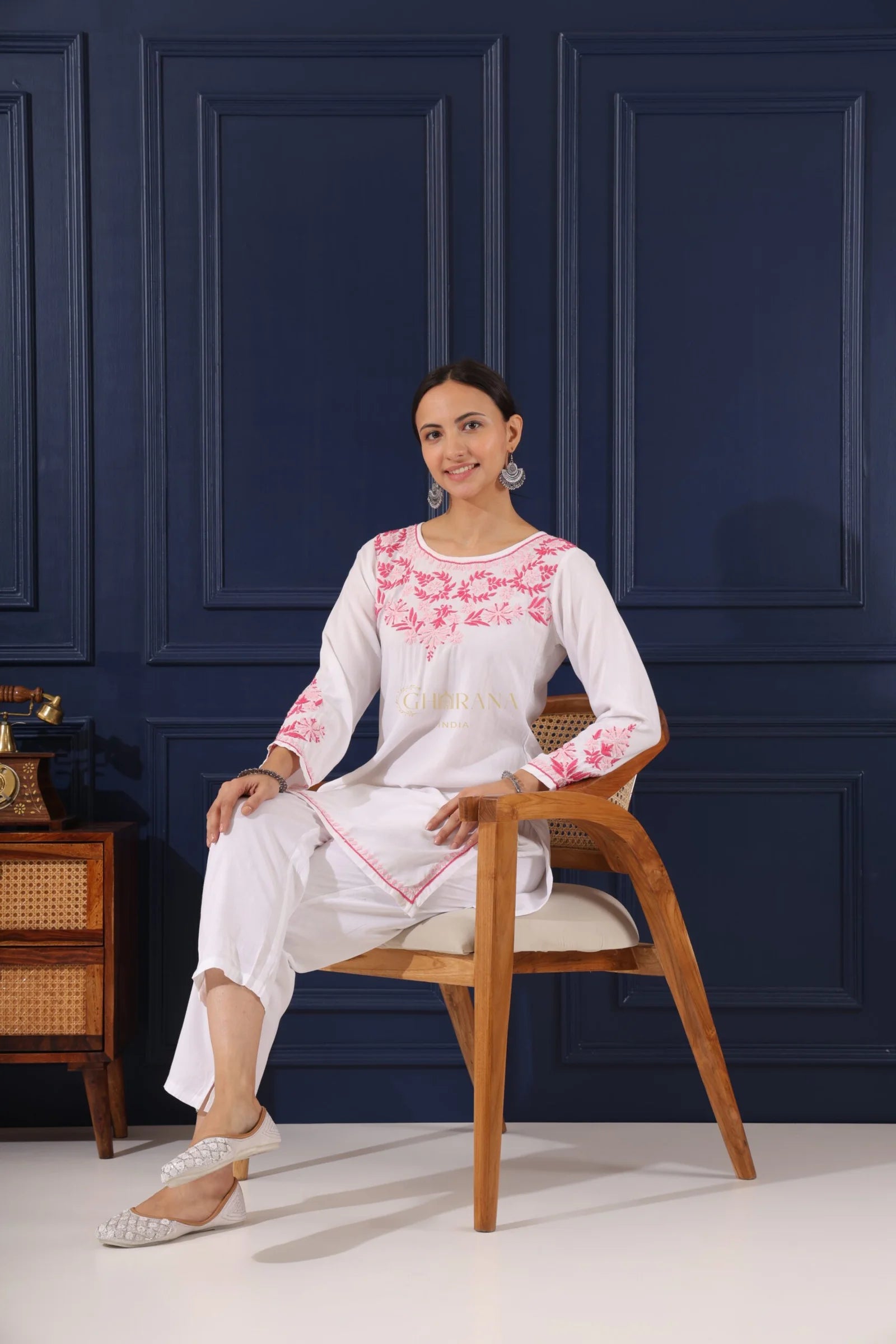 Heer Half Modal White Short Chikankari Kurta Gharana