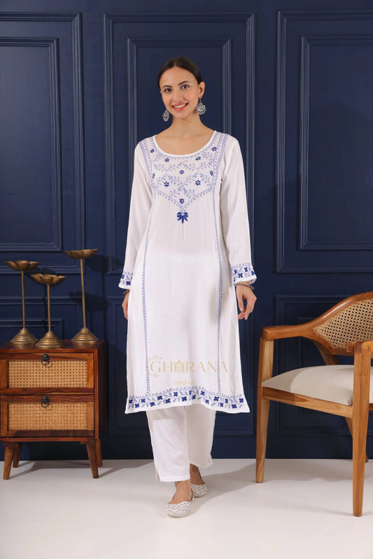 Heer Modal Cotton White Chikankari Kurta in 2 shades of blue Gharana
