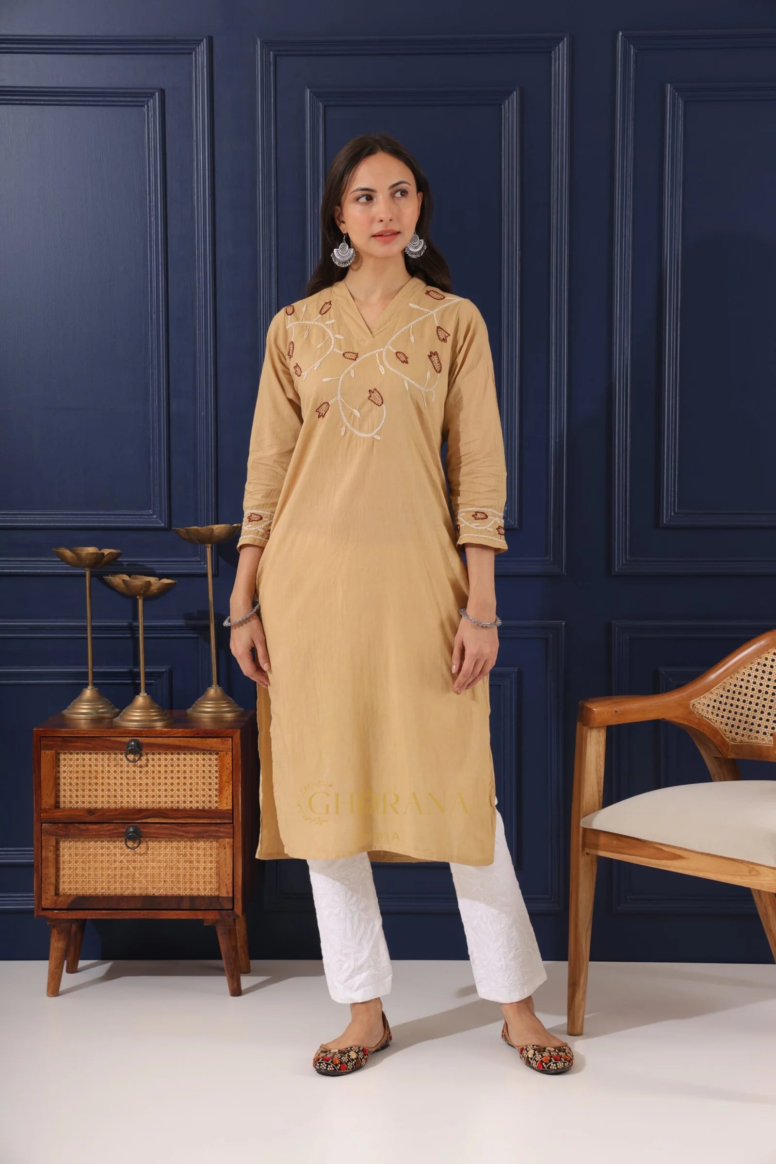 Heer Mul Cotton Beige chikankari Kurta Gharana