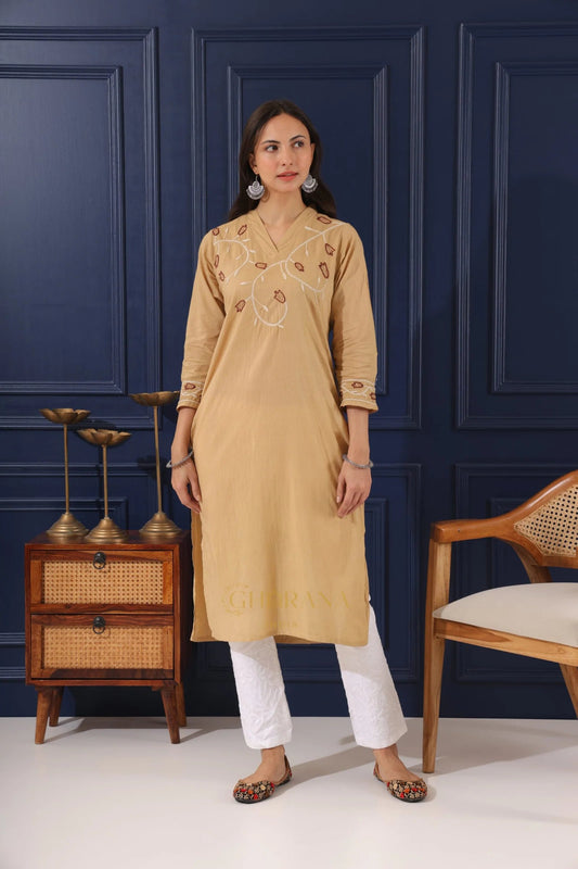 Heer Mul Cotton Beige chikankari Kurta Gharana