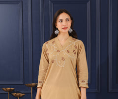 Heer Mul Cotton Beige chikankari Kurta Set Gharana
