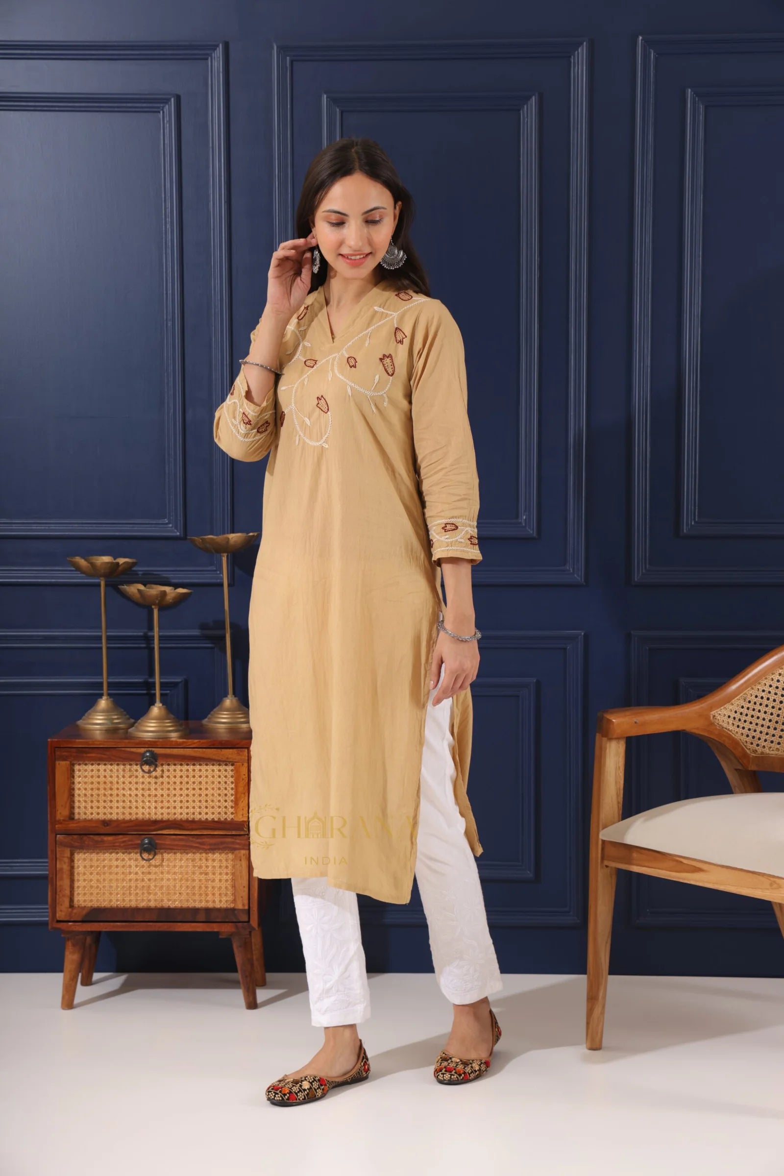 Heer Mul Cotton Beige chikankari Kurta Gharana