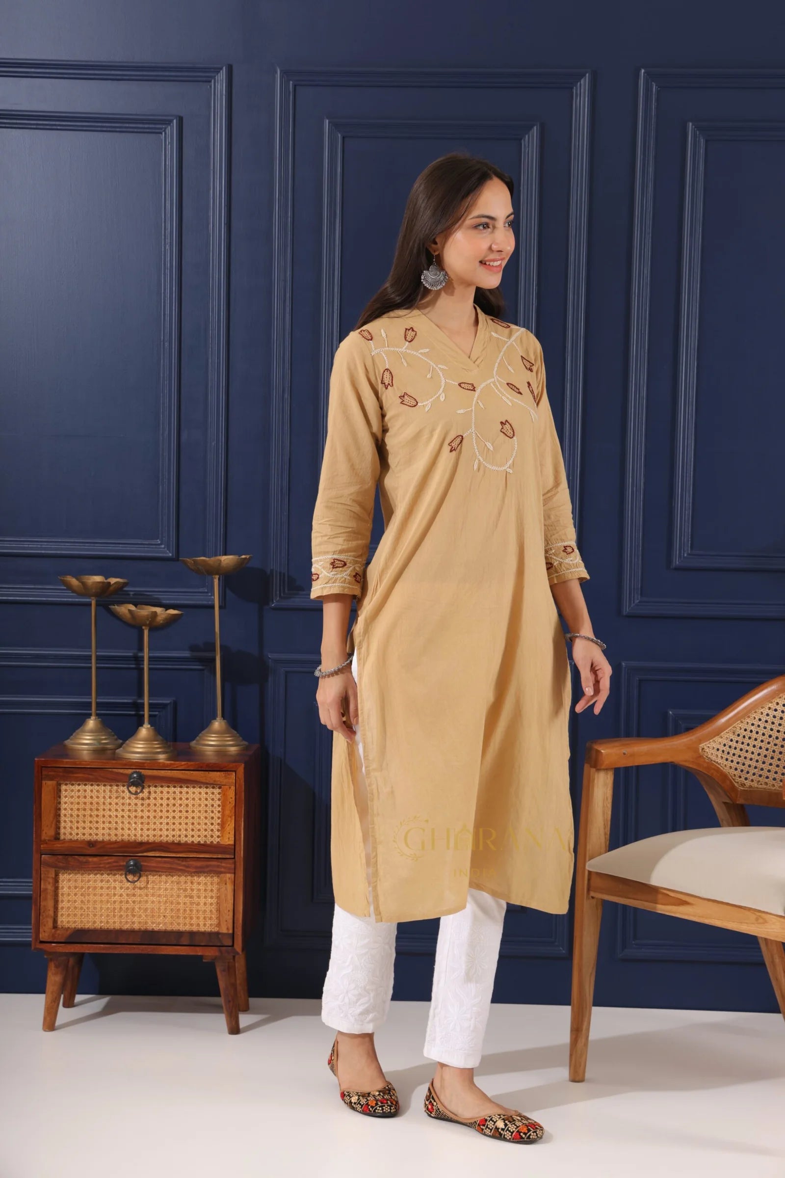 Heer Mul Cotton Beige chikankari Kurta Gharana