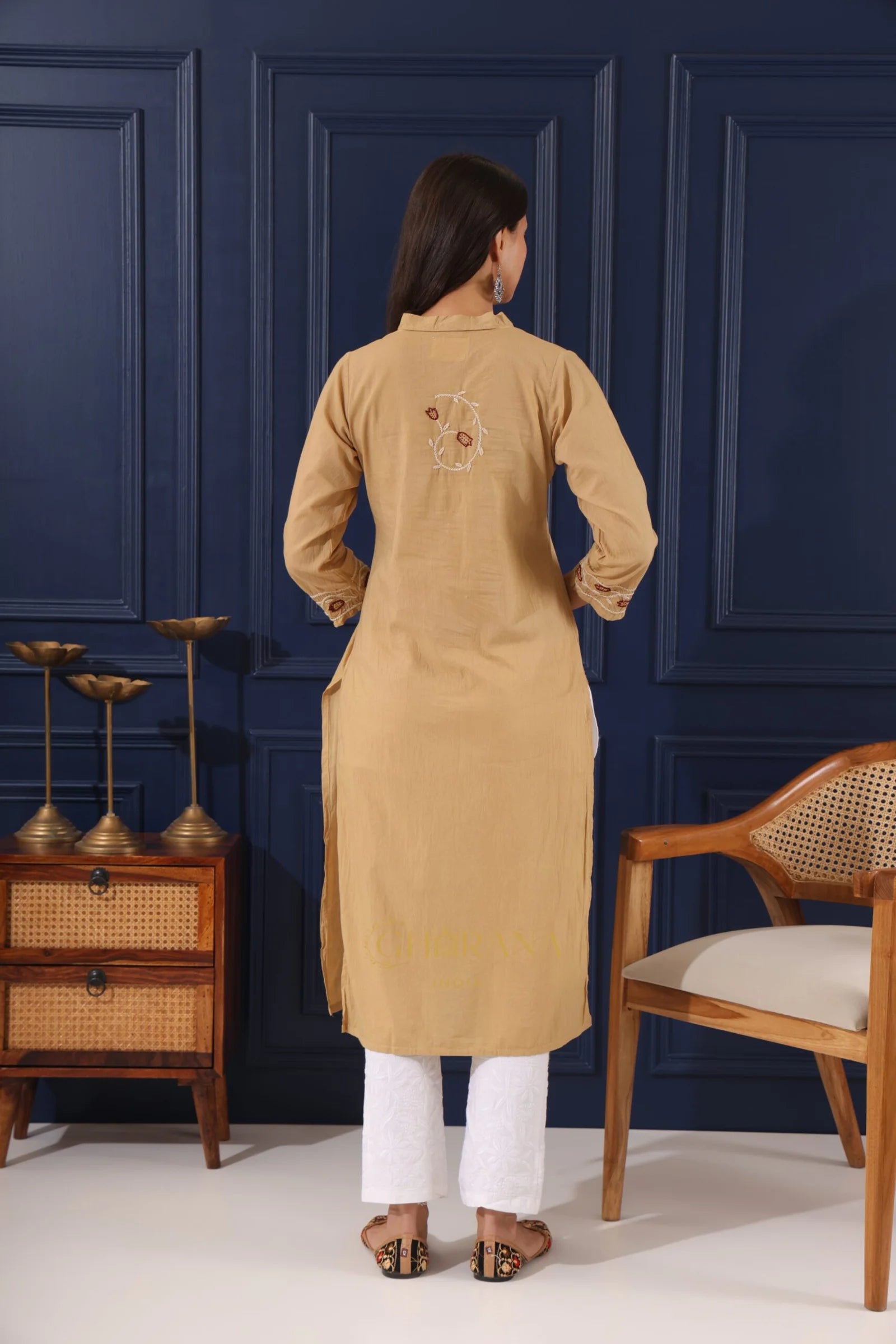Heer Mul Cotton Beige chikankari Kurta Gharana