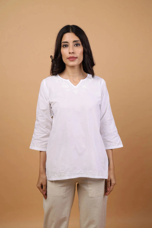 Sahiba Pure Cotton White Chikankari Short Top Gharana