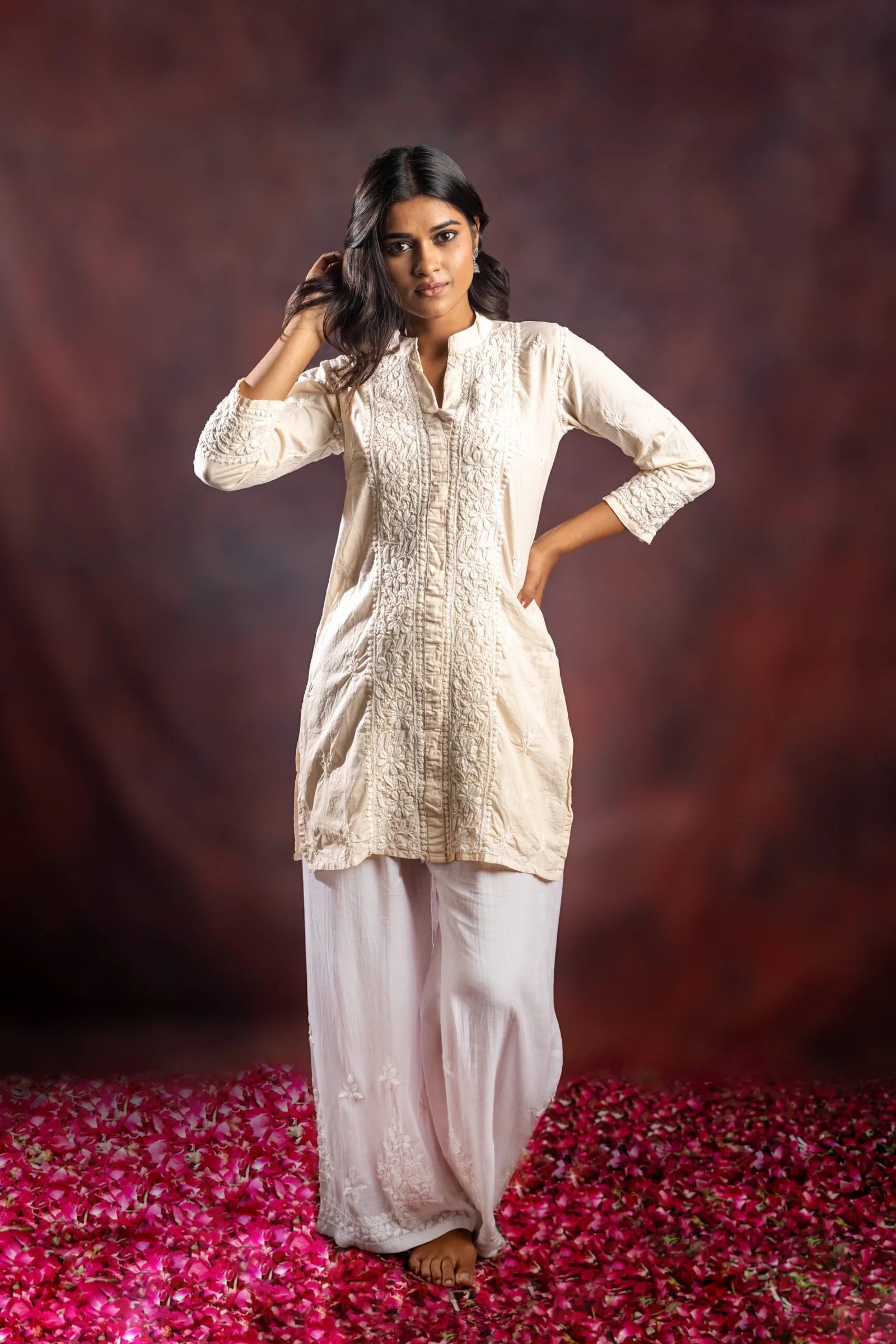 Ishq Mul Cotton Beige chikankari Top Gharana