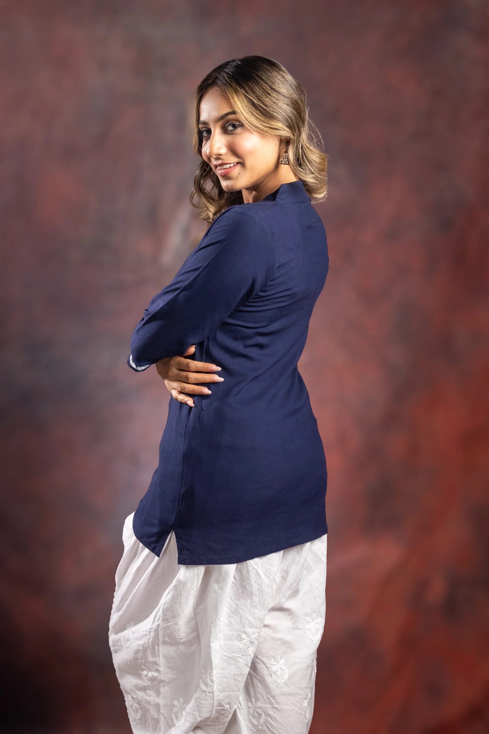 Ishq Rayon Navy Blue Chikankari Top with fine embroidery Gharana