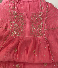 Premium Mulchanderi 3 PC Semi stitched Tunic, Dupatta & Bottom in Kamdani work- Brick Pink