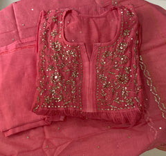 Premium Mulchanderi 3 PC Semi stitched Tunic, Dupatta & Bottom in Kamdani work- Brick Pink