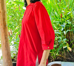 Aira Cherry Red Cotton Poplin Kurta Set with white balloon pants