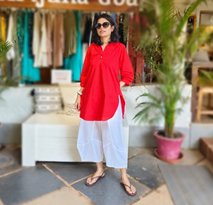 Aira Cherry Red Cotton Poplin Kurta Set with white balloon pants