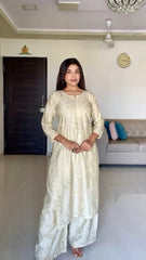 Ruhi Chanderi Chikankari Beige Kurta Set with Embroidered Palazzo Gharana