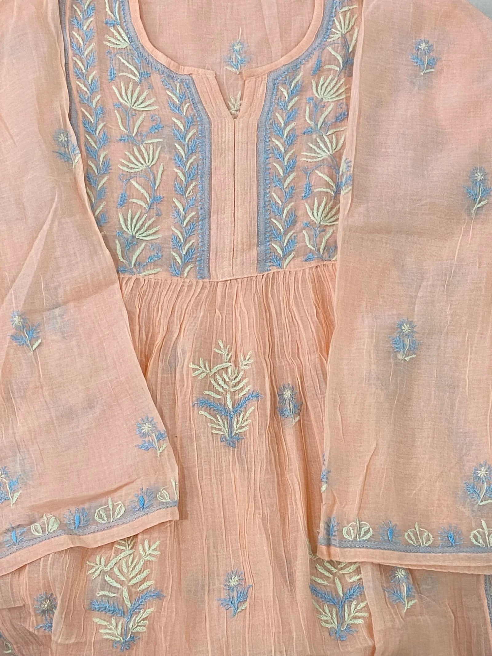 Premium Mulchanderi Chikankari Semi Stitched 2 piece Tunic and Dupatta set – Peach Gharana