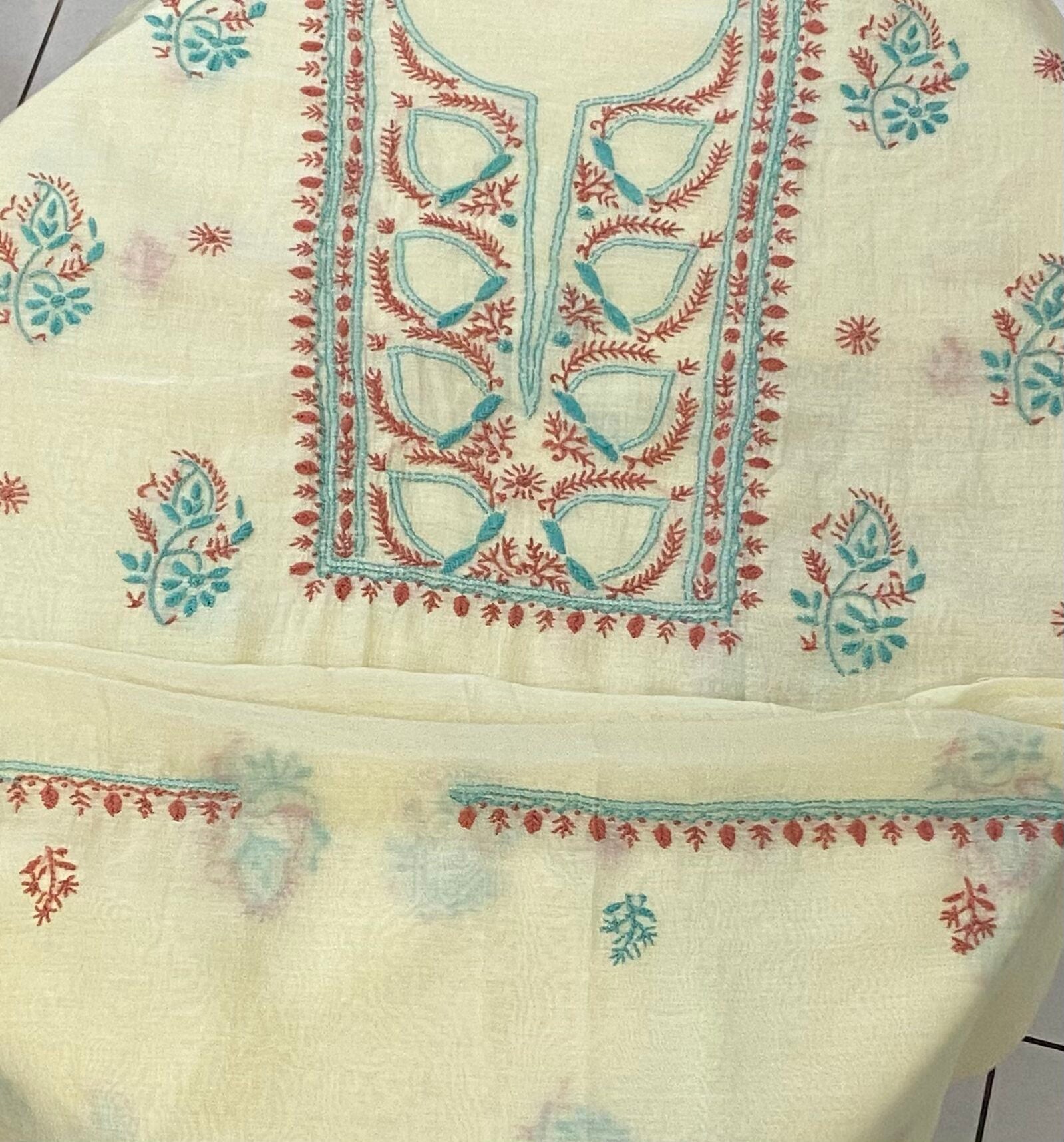 Premium Mul Chanderi 2 piece Chikankari Unstitched 2 piece Kurta and Dupatta set – Pastel Yellow Gharana