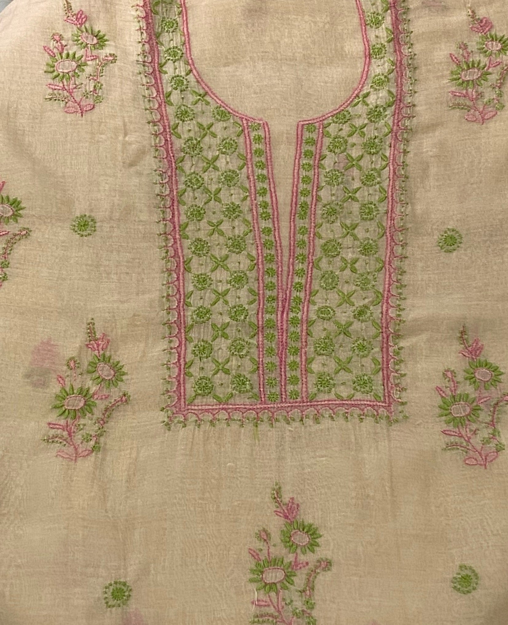 Premium Mul Chanderi 2 piece Chikankari Unstitched 2 piece Kurta and Dupatta set – Dark beige Gharana