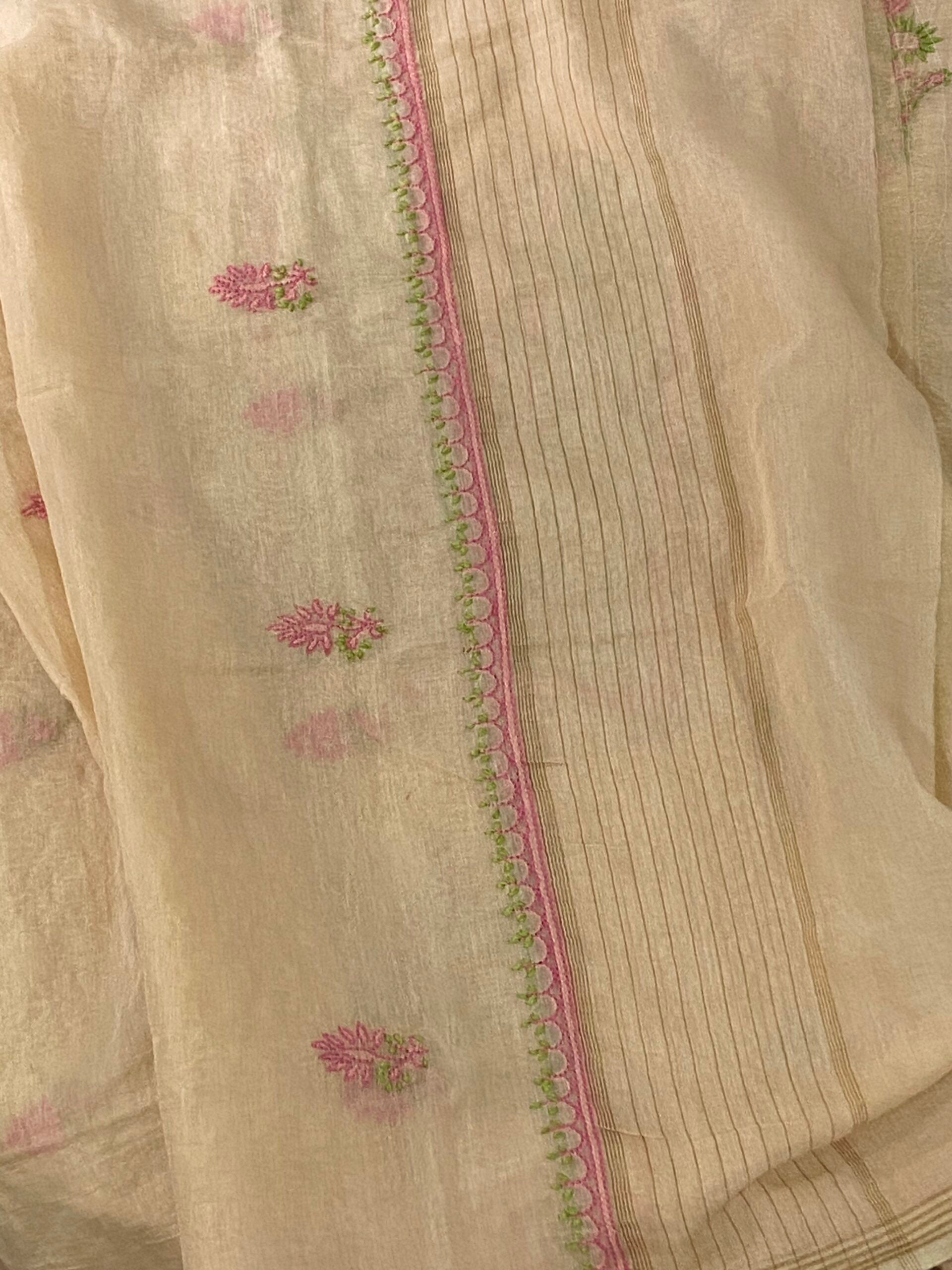 Premium Mul Chanderi 2 piece Chikankari Unstitched 2 piece Kurta and Dupatta set – Dark beige Gharana