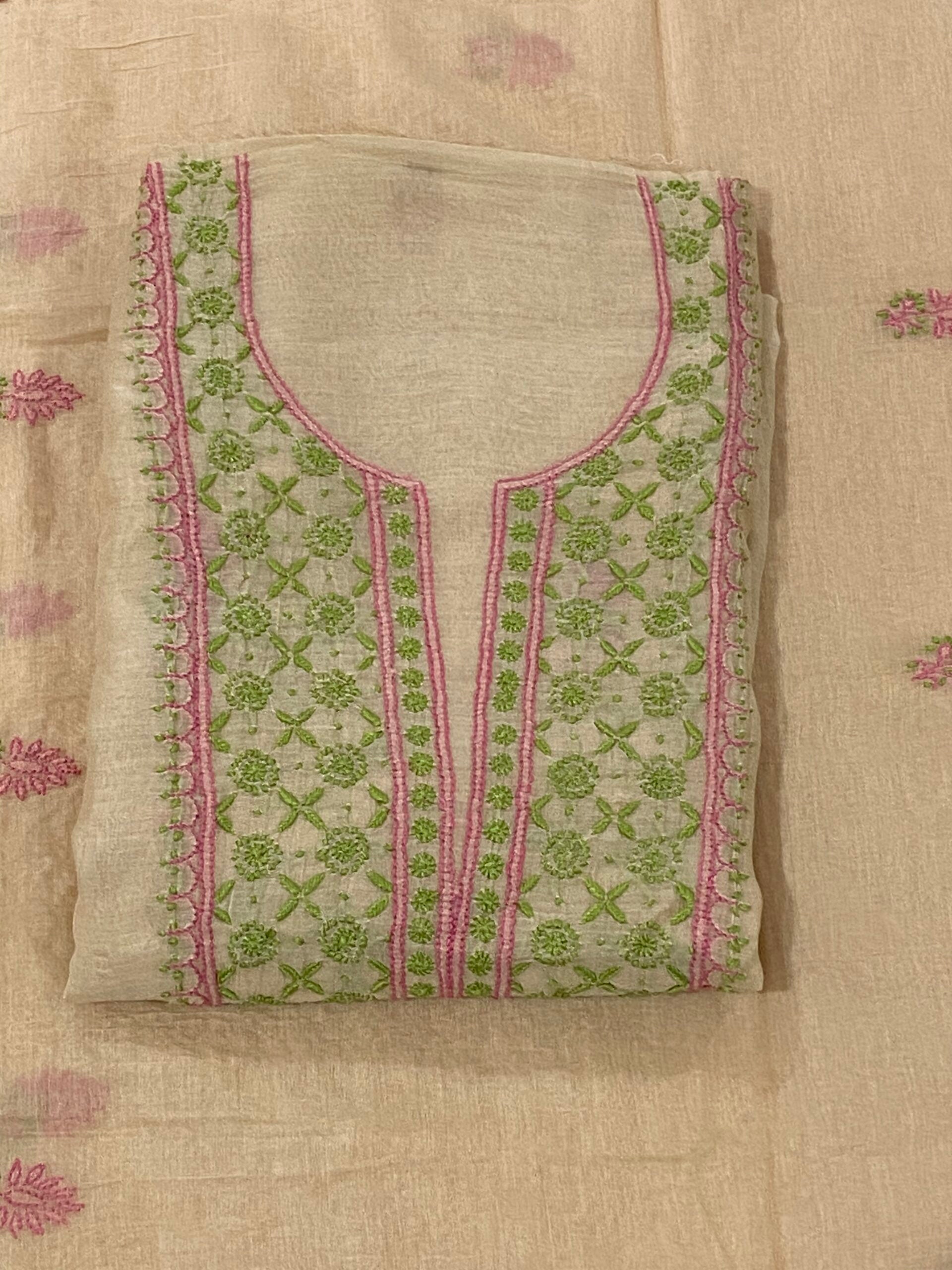 Premium Mul Chanderi 2 piece Chikankari Unstitched 2 piece Kurta and Dupatta set – Dark beige Gharana