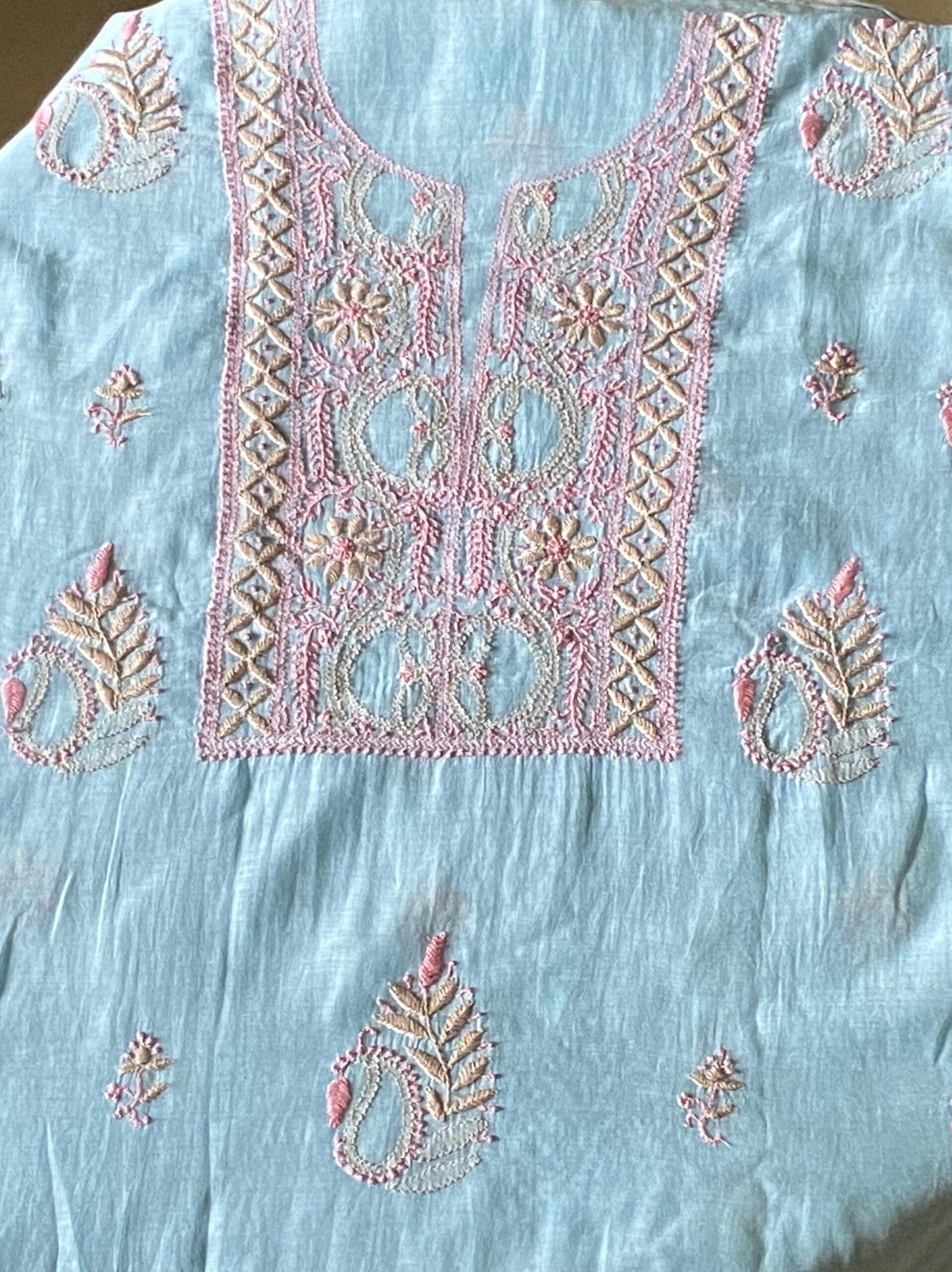 Premium Mul Chanderi 2 piece Chikankari Unstitched Kurta and Dupatta set – Powder Blue Gharana