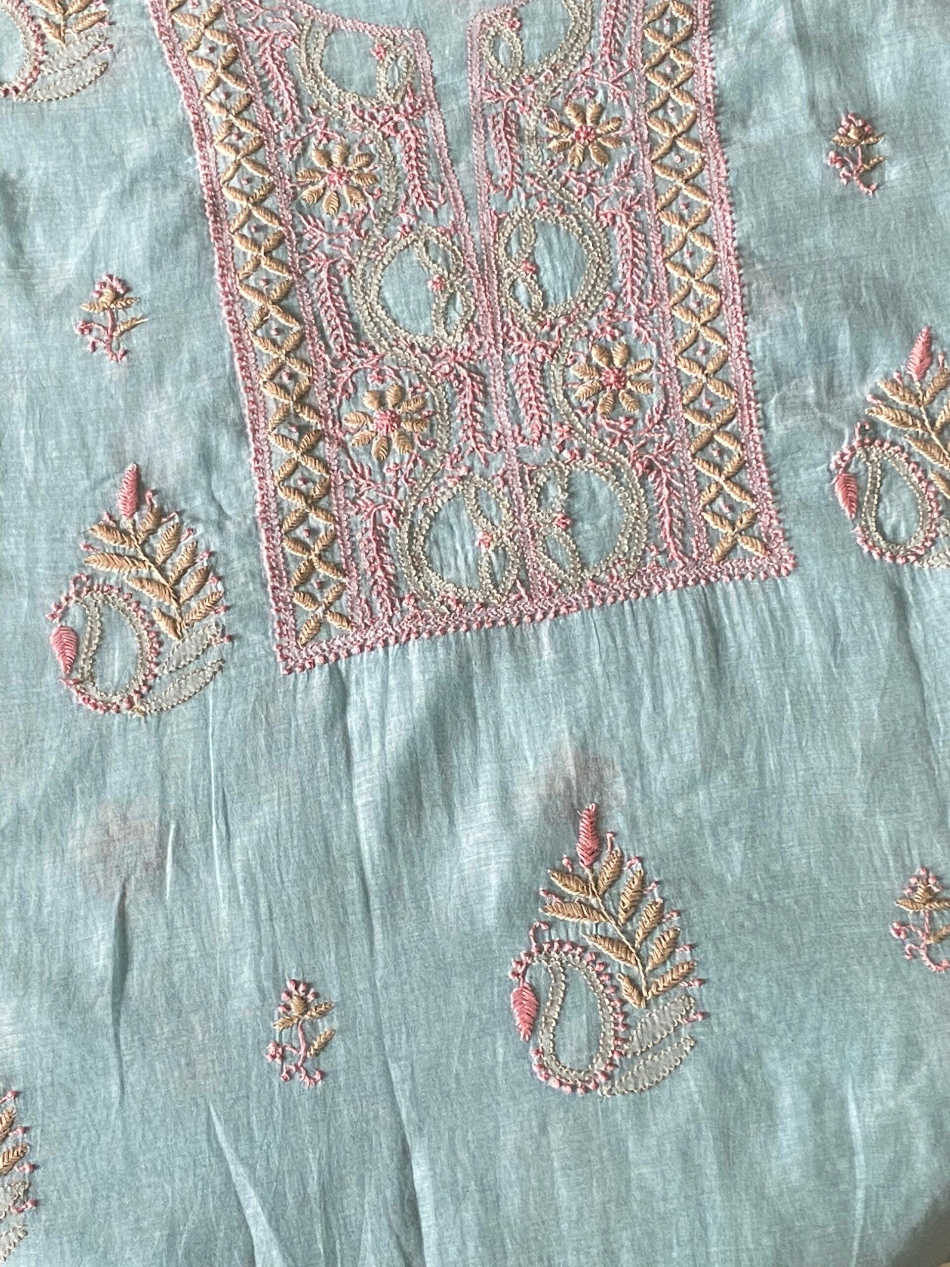 Premium Mul Chanderi 2 piece Chikankari Unstitched Kurta and Dupatta set – Powder Blue Gharana