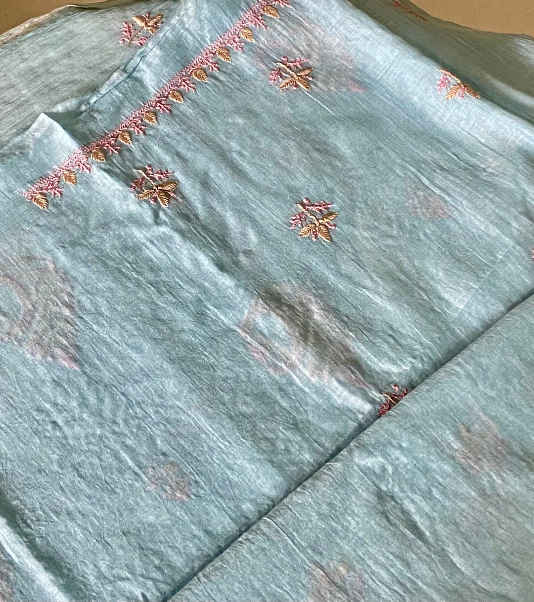 Premium Mul Chanderi 2 piece Chikankari Unstitched Kurta and Dupatta set – Powder Blue Gharana