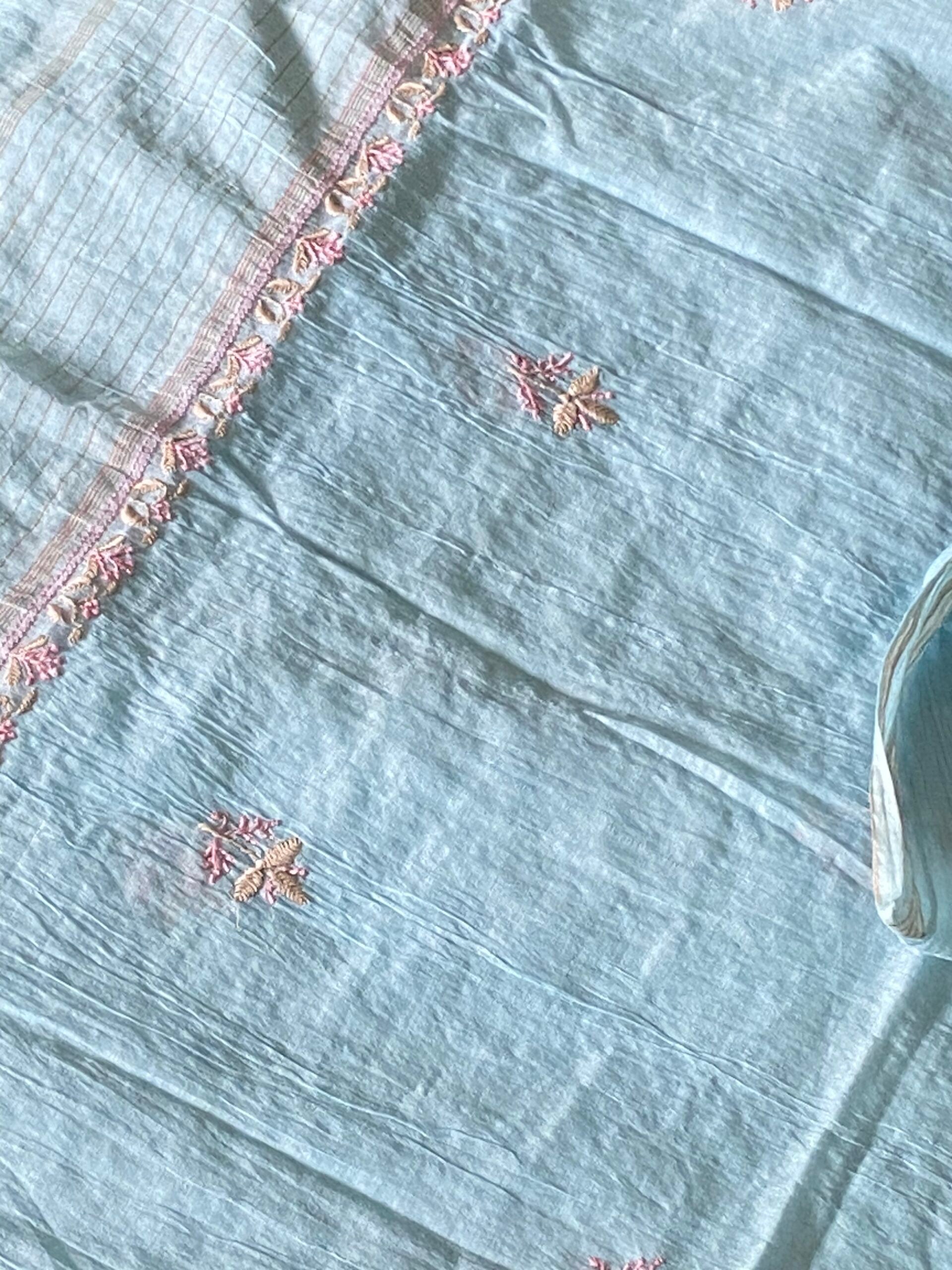 Premium Mul Chanderi 2 piece Chikankari Unstitched Kurta and Dupatta set – Powder Blue Gharana