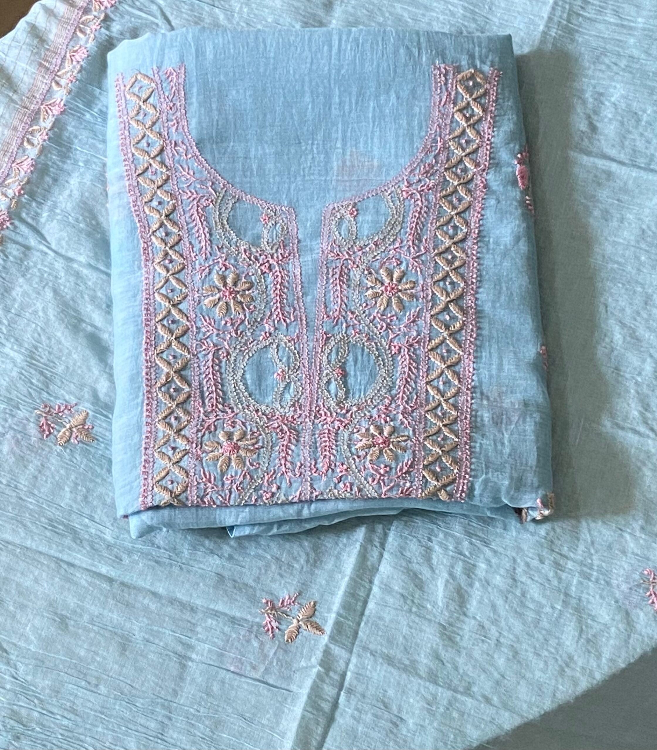 Premium Mul Chanderi 2 piece Chikankari Unstitched Kurta and Dupatta set – Powder Blue Gharana