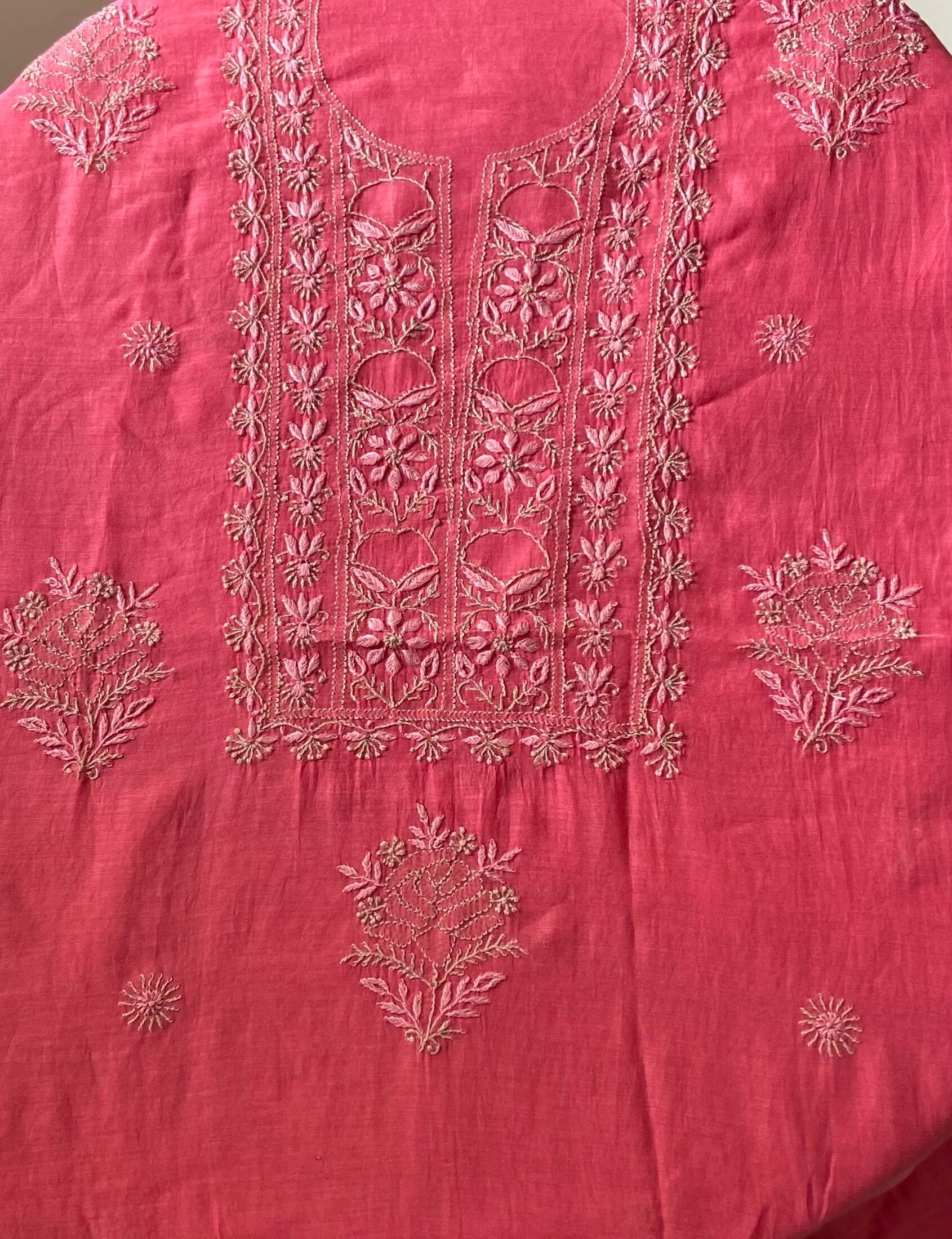 Premium Mul Chanderi 2 piece Chikankari Unstitched Kurta and Dupatta set – Deep Pink Gharana