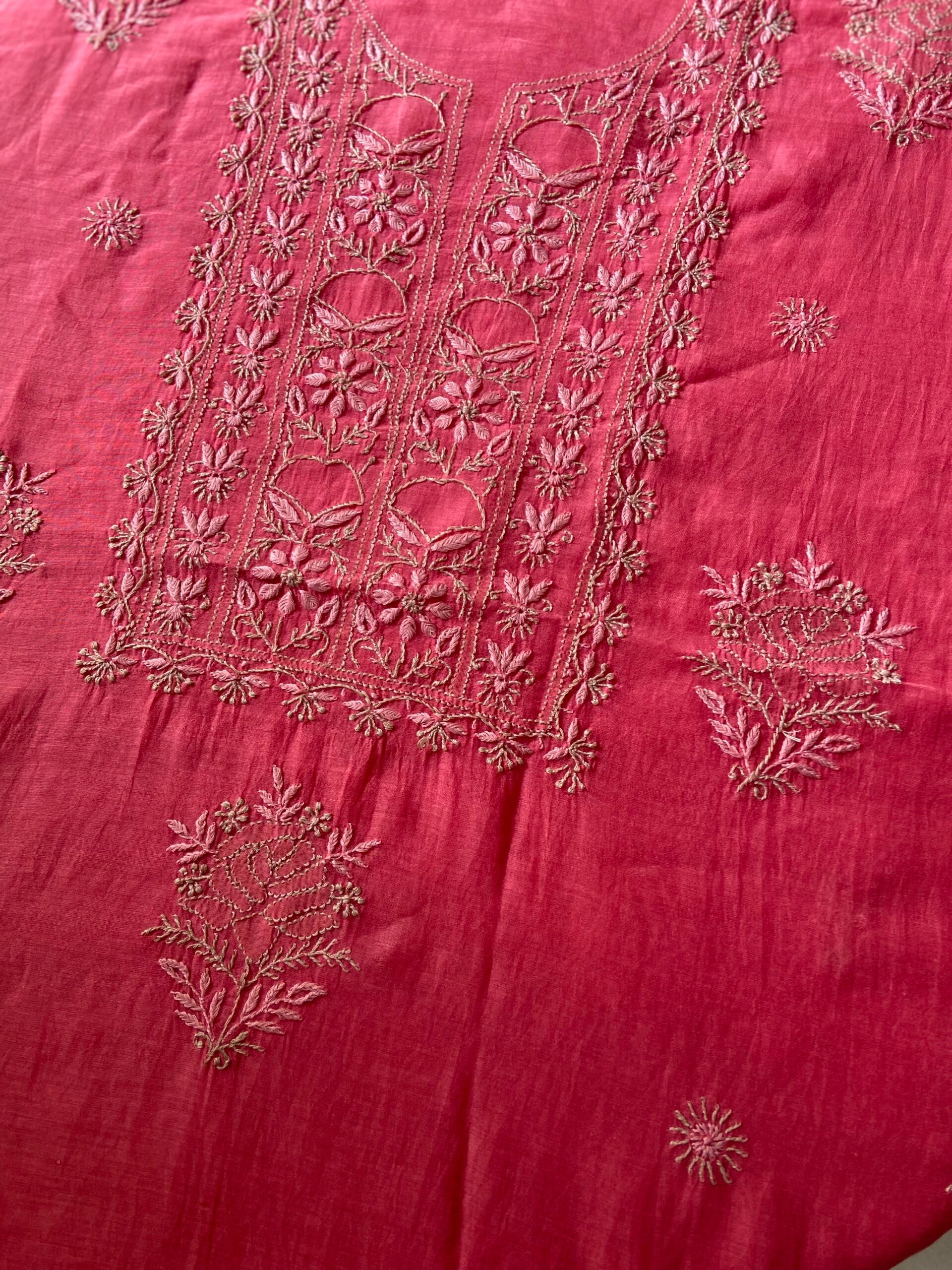 Premium Mul Chanderi 2 piece Chikankari Unstitched Kurta and Dupatta set – Deep Pink Gharana