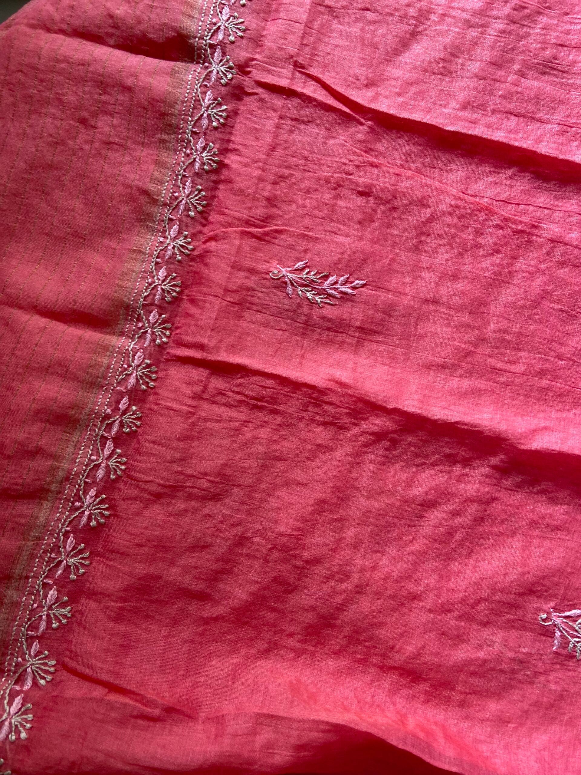 Premium Mul Chanderi 2 piece Chikankari Unstitched Kurta and Dupatta set – Deep Pink Gharana