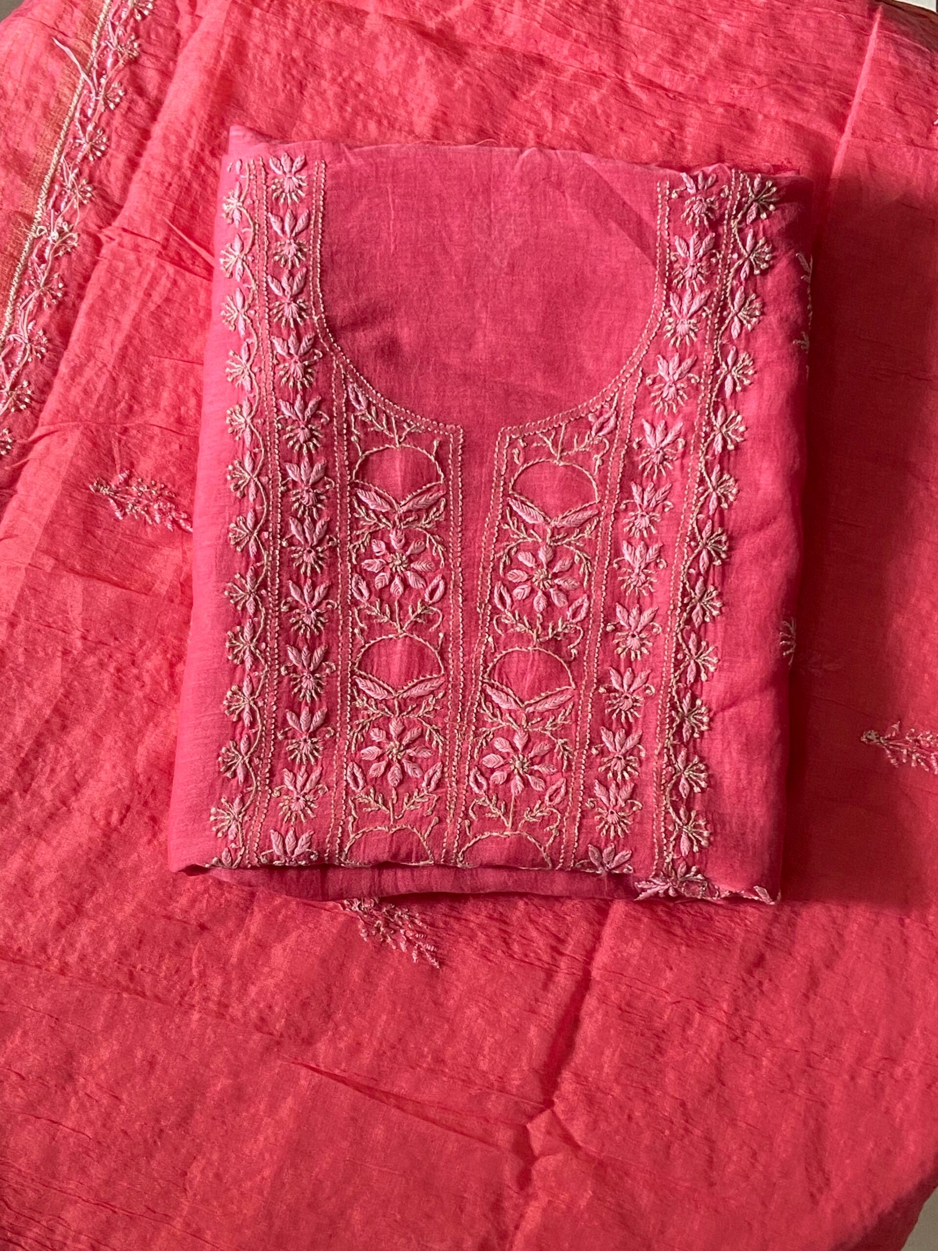 Premium Mul Chanderi 2 piece Chikankari Unstitched Kurta and Dupatta set – Deep Pink Gharana