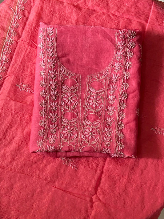 Premium Mul Chanderi 2 piece Chikankari Unstitched Kurta and Dupatta set – Deep Pink Gharana