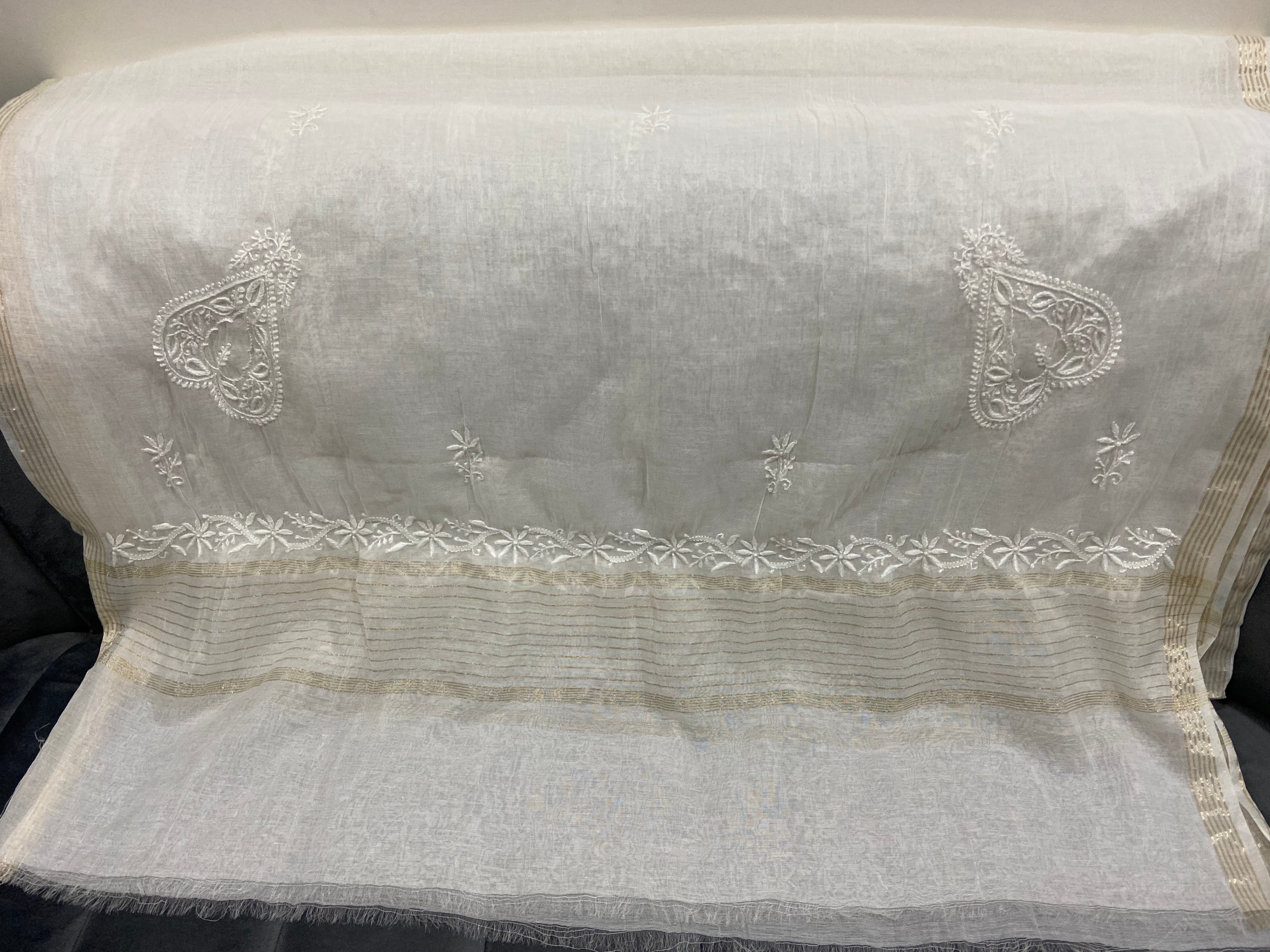 Chanderi Chikankari Dupatta heavy work- White Gharana