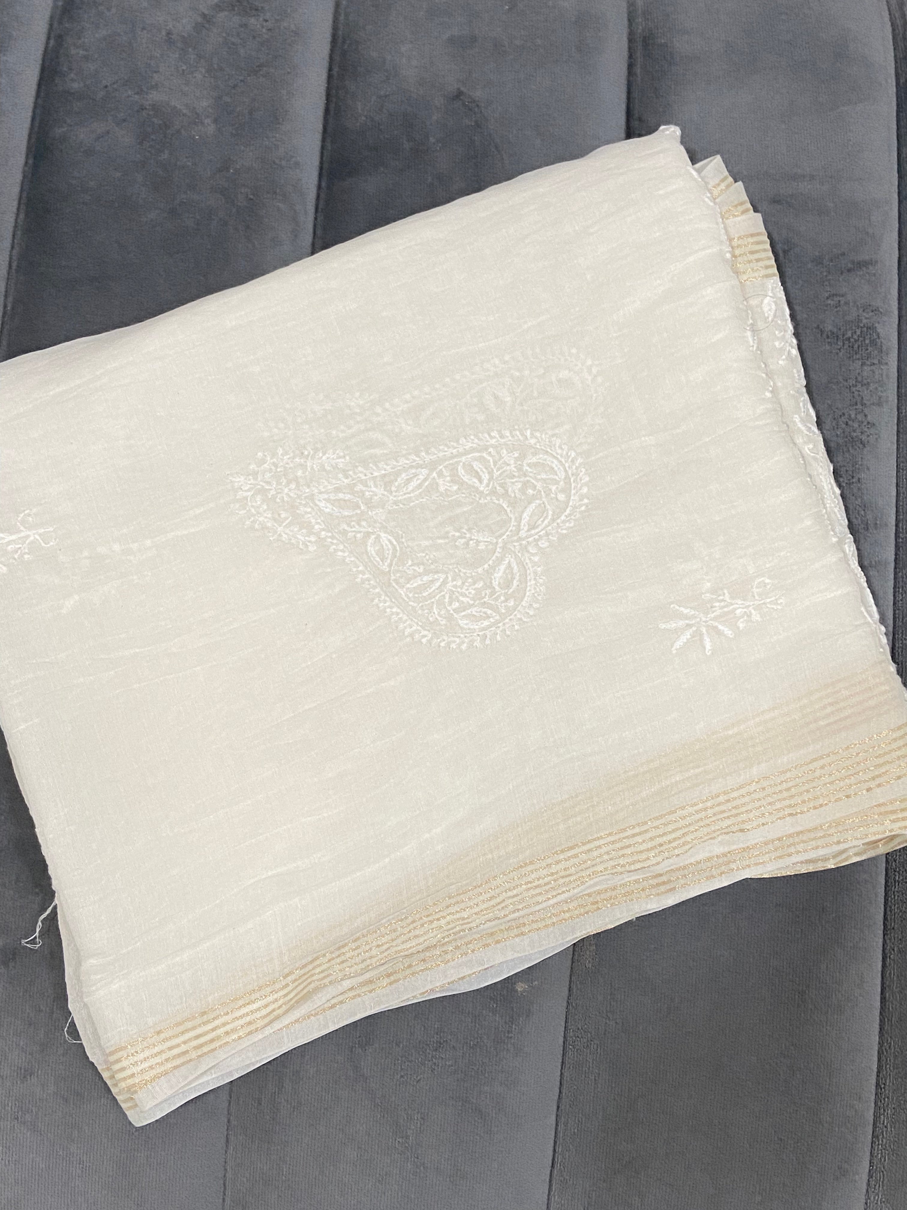 Chanderi Chikankari Dupatta heavy work- White Gharana