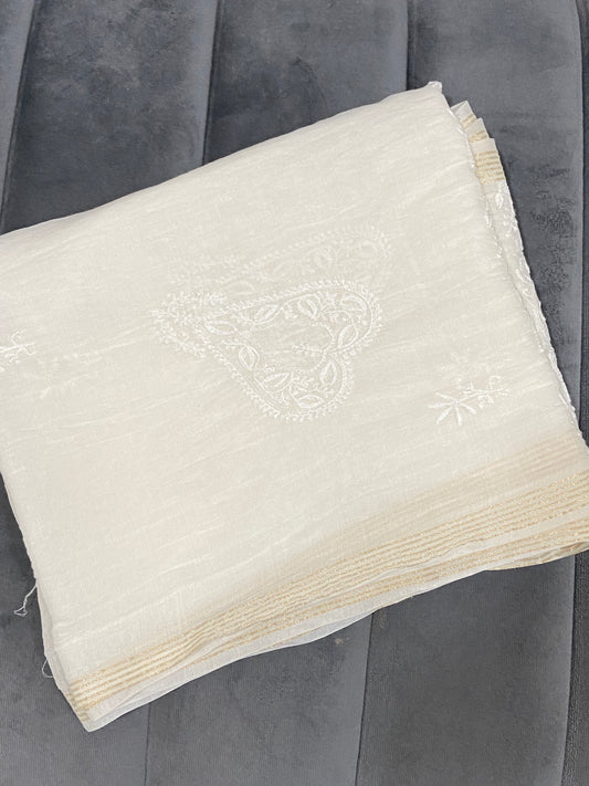 Chanderi Chikankari Dupatta heavy work- White Gharana