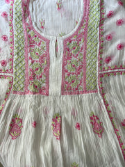 Premium Mulchanderi Chikankari 2 piece Semi Stitched Tunic and Dupatta set - White in coloured thread