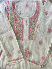 Premium Mulchanderi Chikankari 2 piece Semi Stitched Tunic and Dupatta set - White in coloured thread