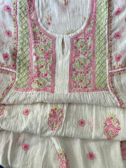 Premium Mulchanderi Chikankari 2 piece Semi Stitched Tunic and Dupatta set - White in coloured thread