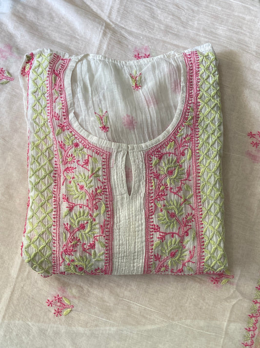 Premium Mulchanderi Chikankari 2 piece Semi Stitched Tunic and Dupatta set - White in coloured thread