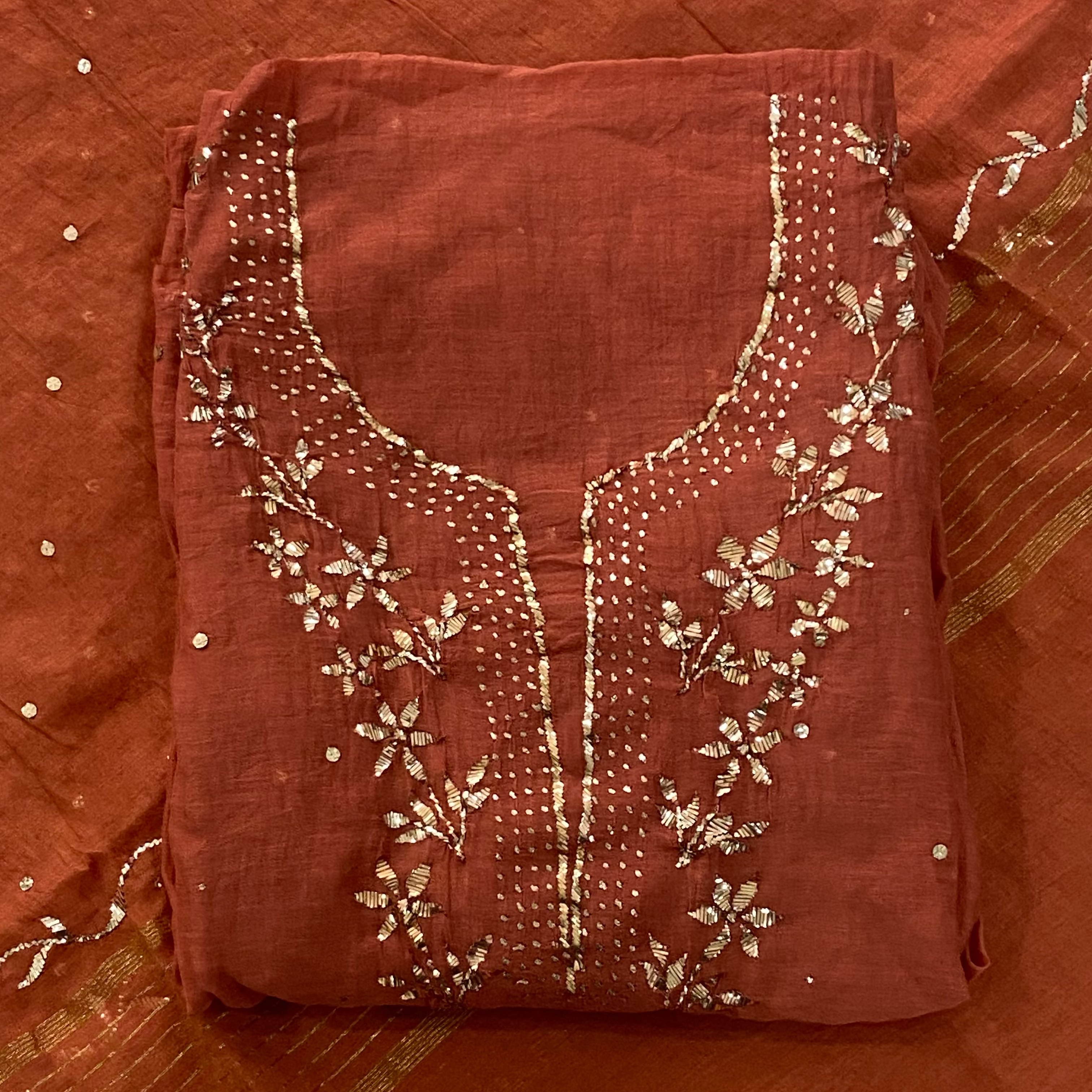 Premium Mulchanderi 3 PC Unstitched Tunic, Dupatta & Bottom in Kamdani work-Rust Orange Gharana