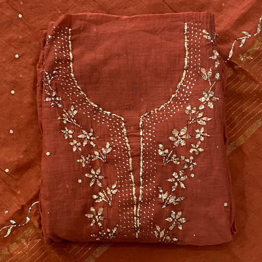 Premium Mulchanderi 3 PC Unstitched Tunic, Dupatta & Bottom in Kamdani work-Rust Orange Gharana