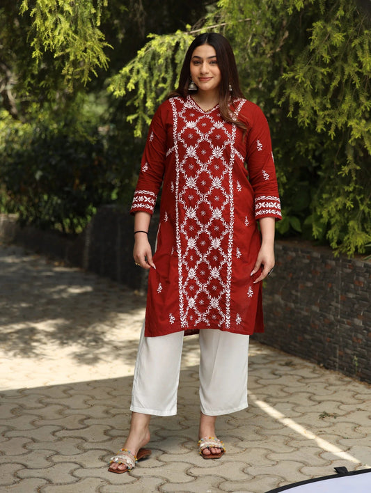 Sahiba Mul Cotton Maroon chikankari Kurta with intricate embroidery. Gharana