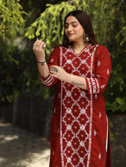 Sahiba Mul Cotton Maroon chikankari Kurta with intricate embroidery. Gharana