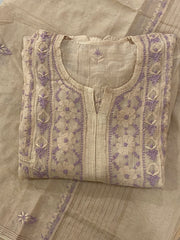 Premium Mulchanderi Chikankari Semi Stitched 2 piece Tunic and Dupatta set – Beige Gharana