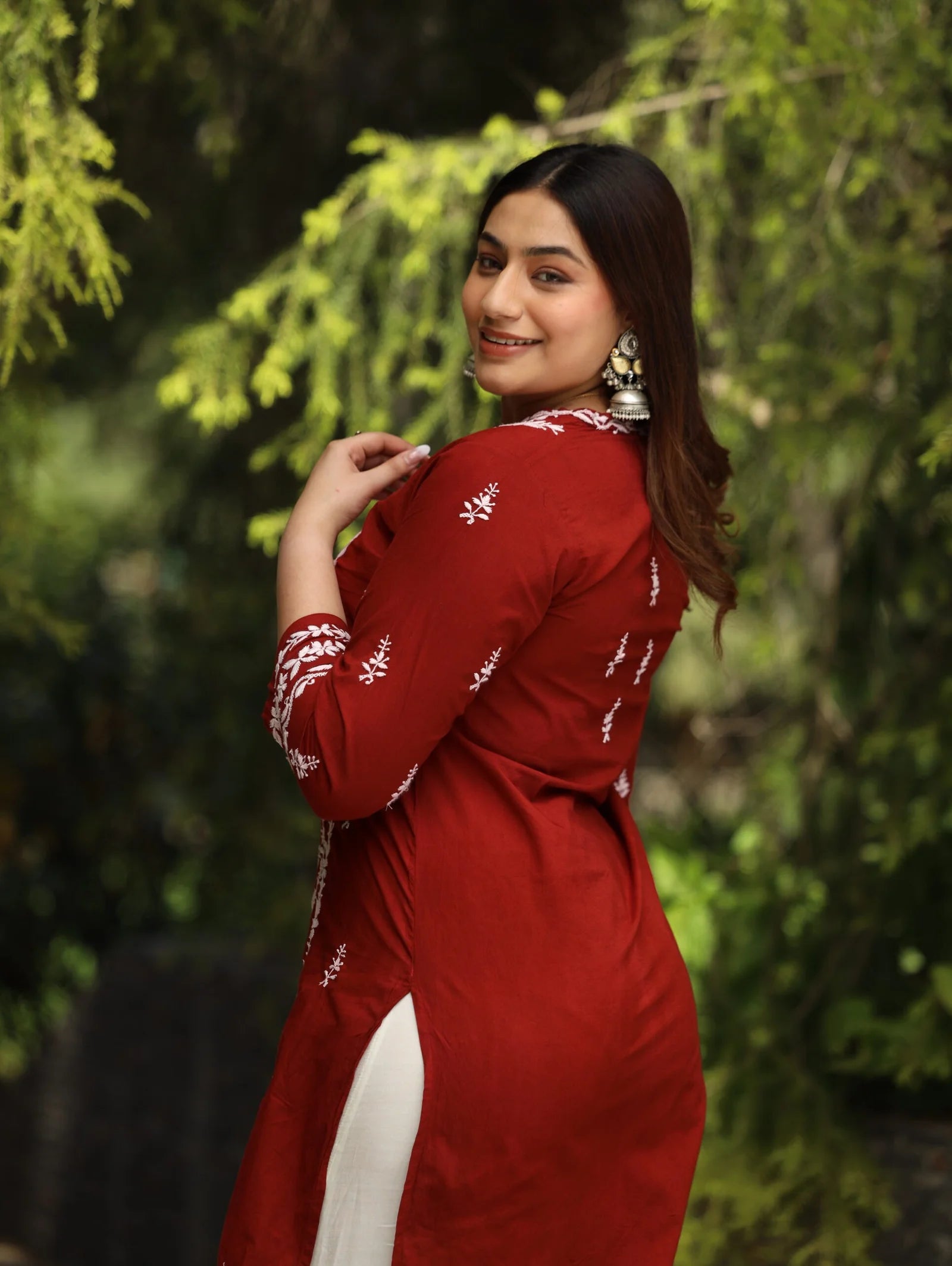 Sahiba Mul Cotton Maroon chikankari Kurta with intricate embroidery. Gharana