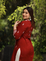 Sahiba Mul Cotton Maroon chikankari Kurta with intricate embroidery. Gharana