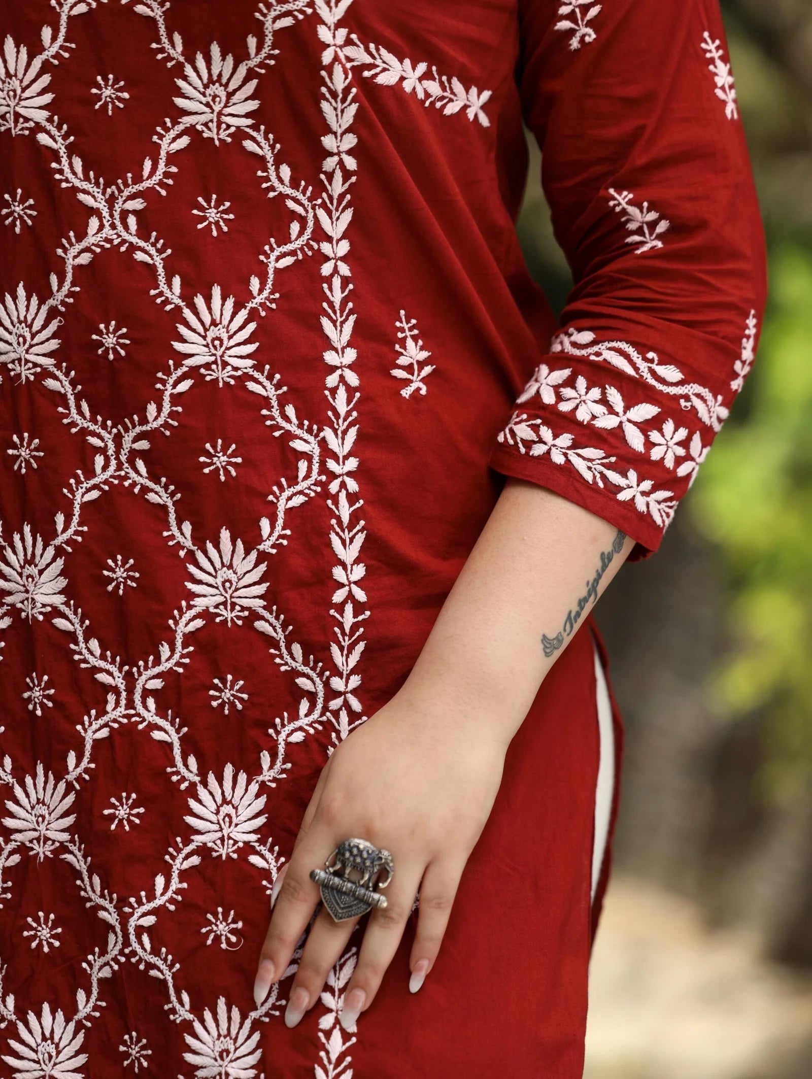 Sahiba Mul Cotton Maroon chikankari Kurta with intricate embroidery. Gharana