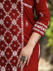 Sahiba Mul Cotton Maroon chikankari Kurta with intricate embroidery. Gharana