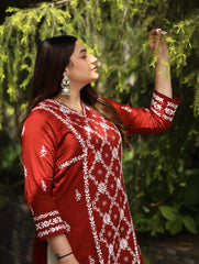 Sahiba Mul Cotton Maroon chikankari Kurta with intricate embroidery. Gharana