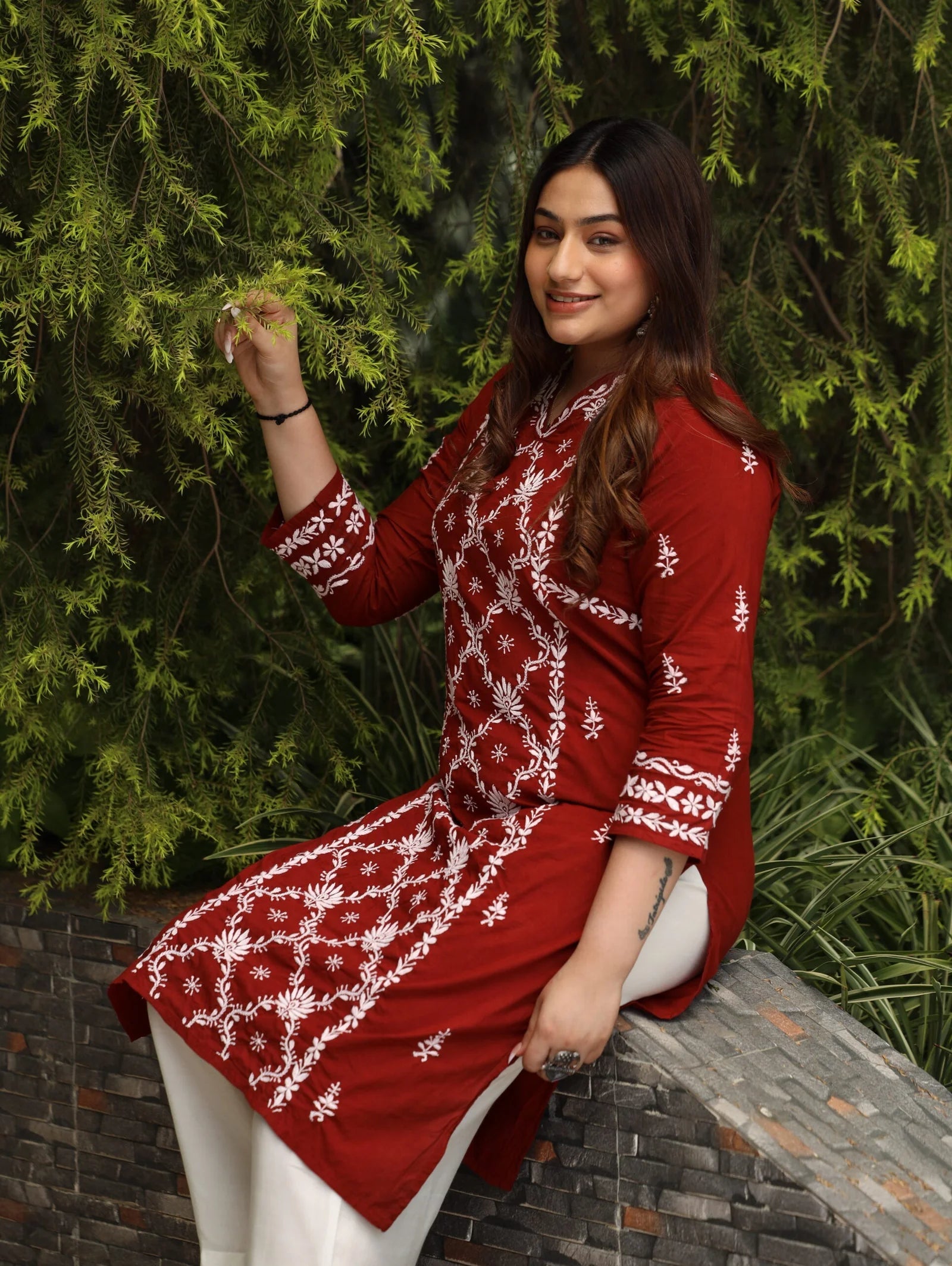 Sahiba Mul Cotton Maroon chikankari Kurta with intricate embroidery. Gharana