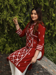 Sahiba Mul Cotton Maroon chikankari Kurta with intricate embroidery. Gharana